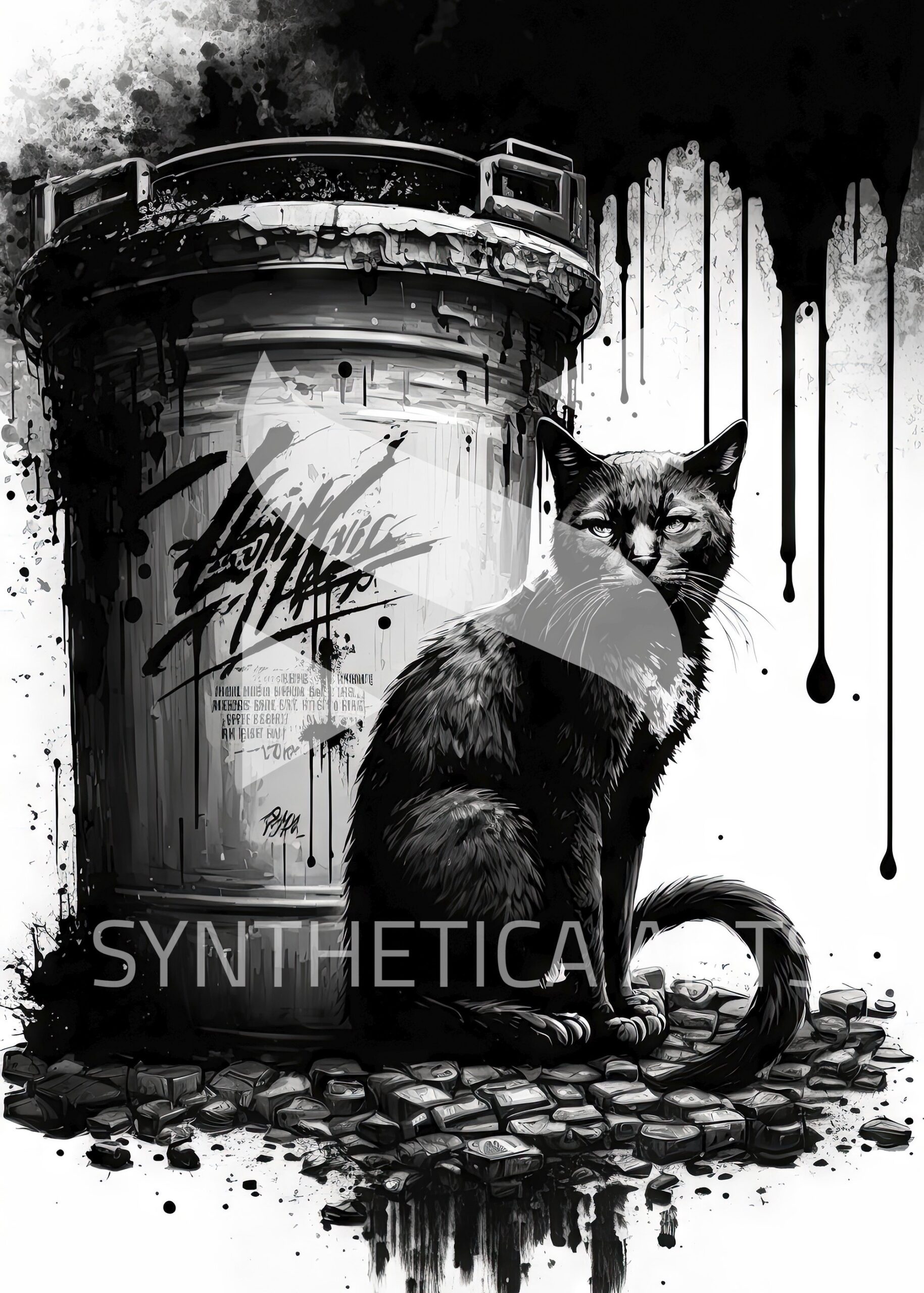 Black alley cat sitting near a trash can digital painting