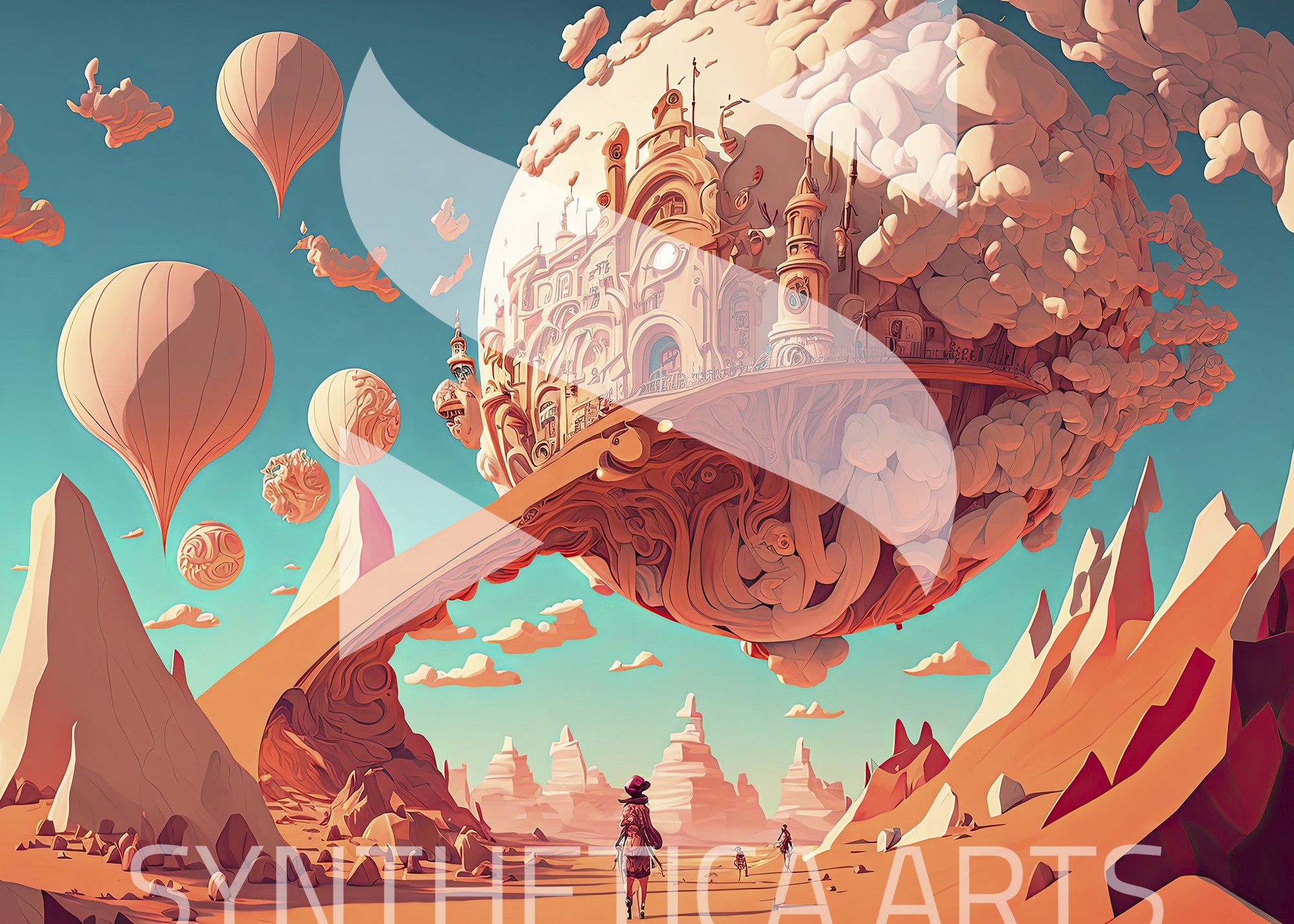 Escape to a surreal desert world and sky city digital painting